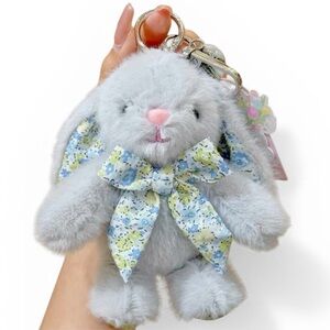 Plush Bunny Keychain with Floral Bow - Light Gray